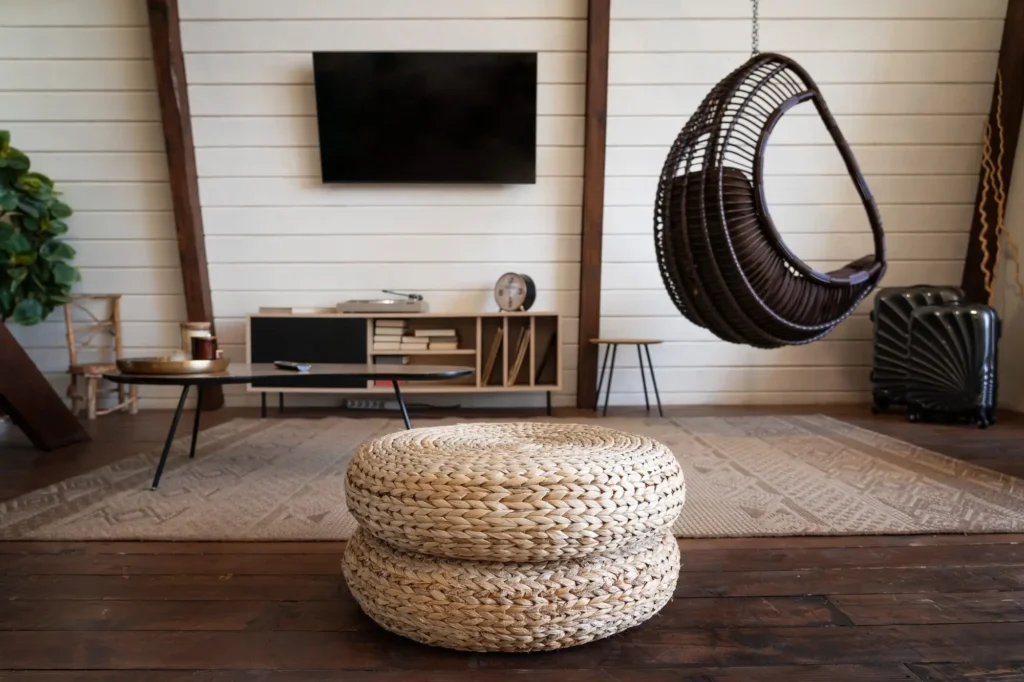 Sustainable living room with natural furniture, sunlight, and minimalist design.